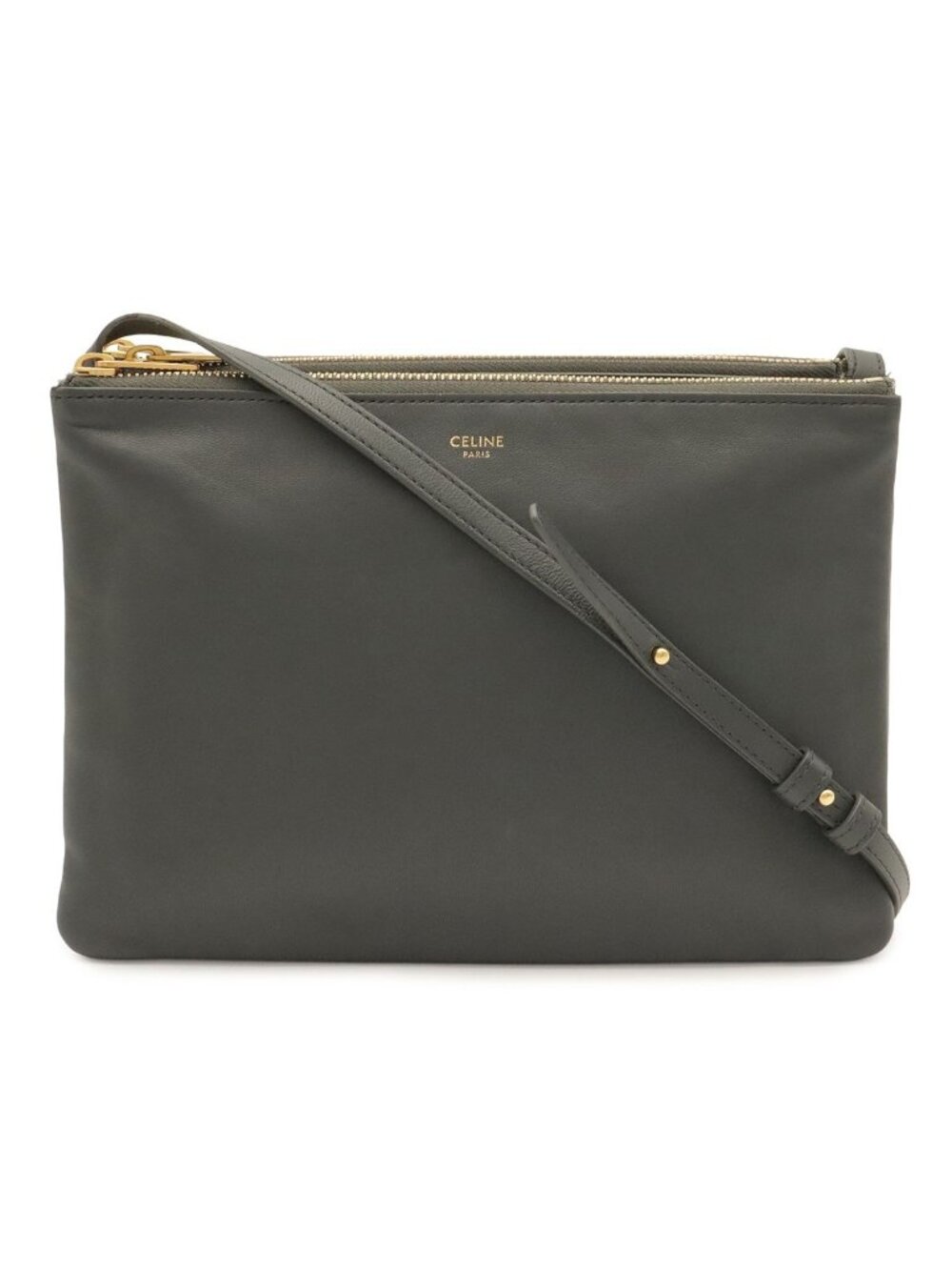 Celine Trio Large Shoulder Bag Pochette Crossbody Pouch Leather Gray Gold